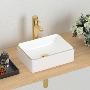 Lavabo de baño de cerámica de porcelana blanca de 14,5 ''X 10,6'', lavabo de <span class=keywords><strong>tocador</strong></span> de recipiente pequeño, lavabo Rectangular, lavabo de mano <span class=keywords><strong>con</strong></span> adorno <span class=keywords><strong>dorado</strong></span> - Product Image 1