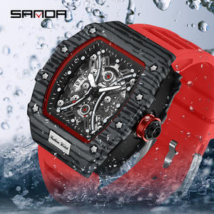 Montre à quartz pour homme SANDA 7044, bracelet en silicone rouge, cadran découpé tonneau, lumineuse, Relogio Masculino - Product Image 5