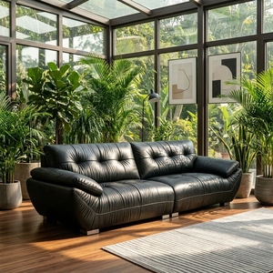 Divano <span class=keywords><strong>in</strong></span> Pelle PU di Lusso Leggero con Schienale Trapuntato a Diamante, Lati a V, Braccioli Larghi Curvi, Nero Moderno a 3 Posti per Soggiorno - Product Image 4