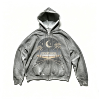 Sweat à capuche zippé gris clair délavé effet minéral, imprimé Kornit DTG motif Désert, Palmier, Croissant, Route, éclaboussures de peinture, style vintage streetwear