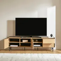 Meuble TV moderne HOMEFIELD en chêne clair, console multimédia 70 pouces, 2 armoires, 2 tiroirs, étagères ouvertes, cadre en métal noir, salon