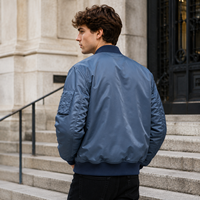 Blouson Bomber Homme Rétro Bleu Clair Délavé Brodé Lourd Streetwear Baseball Extérieur