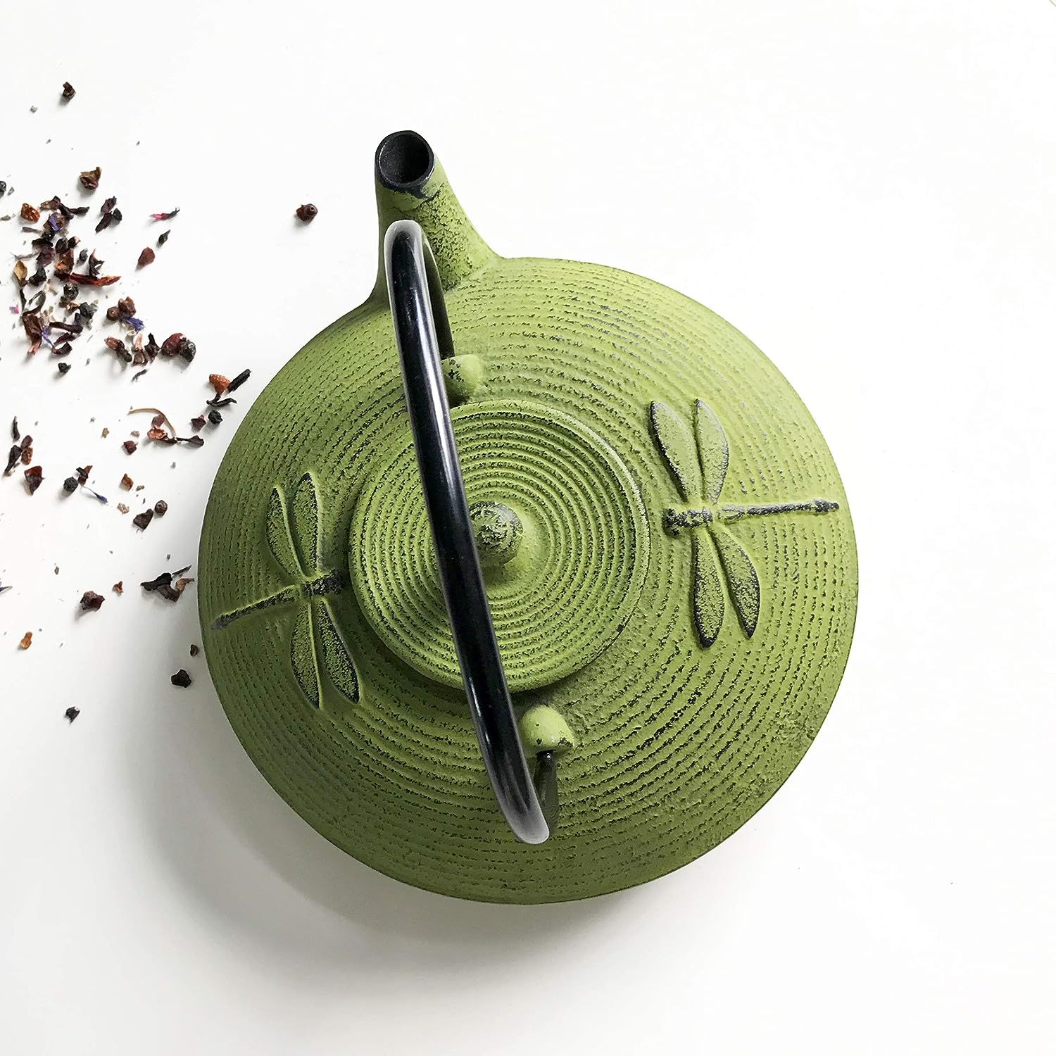 Antique Green Dragonfly Traditional Japanese cast iron teapot with stainless steel infuser