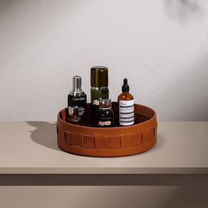 European style leather desktop <b>storage</b> basket, miscellaneous item tray, cosmetic <b>storage</b> <b>box</b>, decorative woven basket <b>storage</b> - Product Image 1
