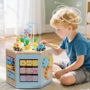 Cube d'activités Montessori 14-en-1 en bois pour la maternelle, l'éveil et le développement des tout-petits, avec labyrinthe de perles éducatif - Product Image 2