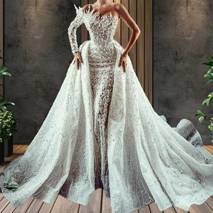 Lusso con perline illusione monospalla matrimonio per sposa africana abito da sposa lungo fino al pavimento in pizzo strascico staccabile con strascico - Product Image 1