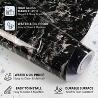 Film PVC marbré noir brillant facile à poser, résistant aux rayures, avec technologie anti-bulles et auto-adhésif pour revêtement de comptoir de cuisine