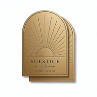 Autocollant d'étiquette de parfum en aluminium en forme d'arche Solstice, motif soleil gravé, or antique brossé, auto-adhésif, étanche
