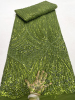 Tissu de dentelle tendance CHOCOO vert forêt, broderie de paillettes, dentelle perlée en maille pour femme