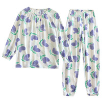 Nouvel ensemble pyjama d'été pour femme, imprimé, doux et mignon, coupe ample, manches longues et pantalon long, deux pièces, effet rajeunissant