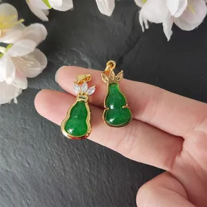 Ciondolo gioielli a forma di zucca di giada verde da donna naturale cinese ciondolo con pavé di strass di diamanti placcati in oro per collane fai da te