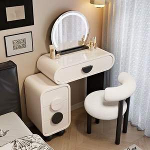 Table de toilette moderne en bois massif, simple, crème, éclairée, extensible, avec tiroirs, intégration d'angle, chambre d'hôtel - Product Image 3