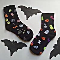 Chaussettes d'Halloween Fantaisie et Amusantes à Motifs Chauves-souris, Citrouilles, Fantômes, Squelettes Colorés et Mignons