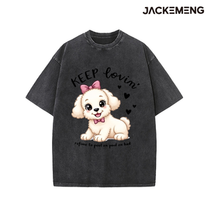 T-shirt en coton oversize délavé avec imprimé cœur de chiot maltais et nœud rose 'Keep <span class=keywords><strong>Lovin</strong></span>', style streetwear rétro, décontracté pour le quotidien, USA - Product Image 4