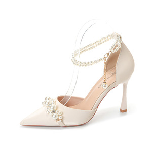 Escarpins à bout pointu avec bride de cheville perlée, talon aiguille, chaussures de mariée pour mariage, élégantes chaussures à talons hauts pour femmes, taille 35 à 40 - Product Image 5