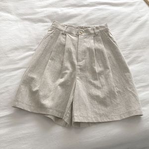 Japanese Retro Style Cotton Linen Shorts Women High Waisted Wide Leg Casual A <b>Line</b> Cropped <b>Pants</b> Khaki - Product Image 4