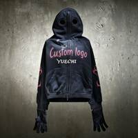 Cagoule personnalisée effet soleil délavé, entièrement zippée, avec double ouverture pour les yeux, imprimé épines, flammes et manches, motif graffiti et texte, unisexe, coupe oversize, 100% coton