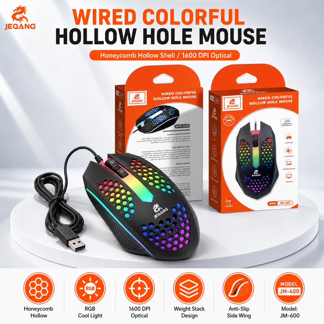 JM-600 Honeycomb Hollow Hole Wired Gaming Mouse Colorful RGB Breathing Light 1600 DPI Wired Mouse for PC Laptop Desktop