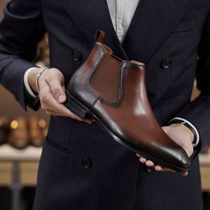 Retro Brown <b>Cow</b> Leather Chelsea Boots with Shock Absorption and Soft for Men's Vintage Theme Events and Office Wear - Product Image 3