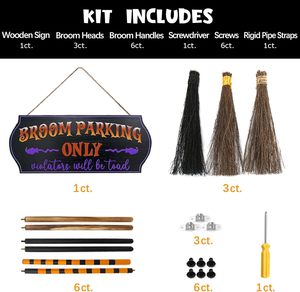 Décor d'Halloween-Panneau de stationnement de balai avec 3 balais de sorcière en bois Décoration murale pour intérieur extérieur - Product Image 5