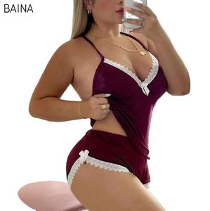 Set piyama seksi wanita Amerika, 2 buah atasan Halter sutra susu V Dalam & celana pendek renda - Product Image 2