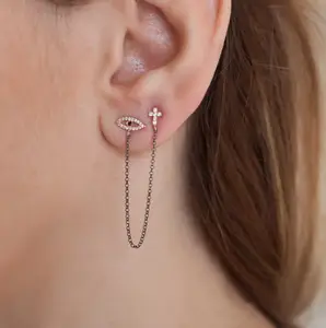 Promotion unique design double ear holes fashion cz cross evil eye studs 925 sterling silver earring