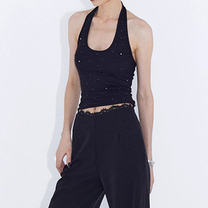 TS-035 Gilet court noir uni à col halter avec strass, coupe ajustée, style été, polyester/coton - Product Image 2