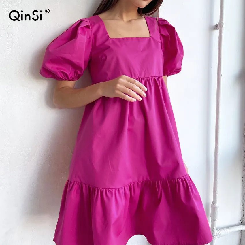 QINSI — Mini robe plissée ample à volants et manches bouffantes, tenue d'été pour femmes, manches bouffantes, coupe trapèze, dos nu, col carré, 2020