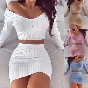 Casual Women Knitted Suit Long Sleeve Deep V Neck Sexy Crop Top And Skirt 2 PIece Set For Women Outfits Party Dress