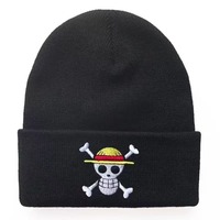 Gorro de Invierno Cálido de Punto Grande con Estampado Animal Bordado a Mano, Gorro de Pirata Informal de Anime, Gorro de Spandex/Poliéster para Hombre