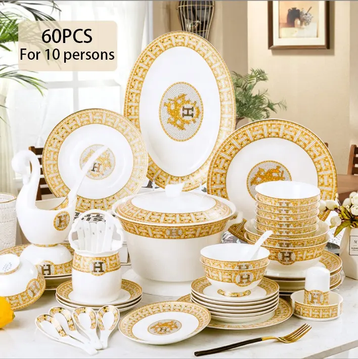 סיטונאי 60pcs סט כלים קערות וכלים H פסיפס אירופאי סגנון זהב קצה כלי אוכל בית מתנות סט