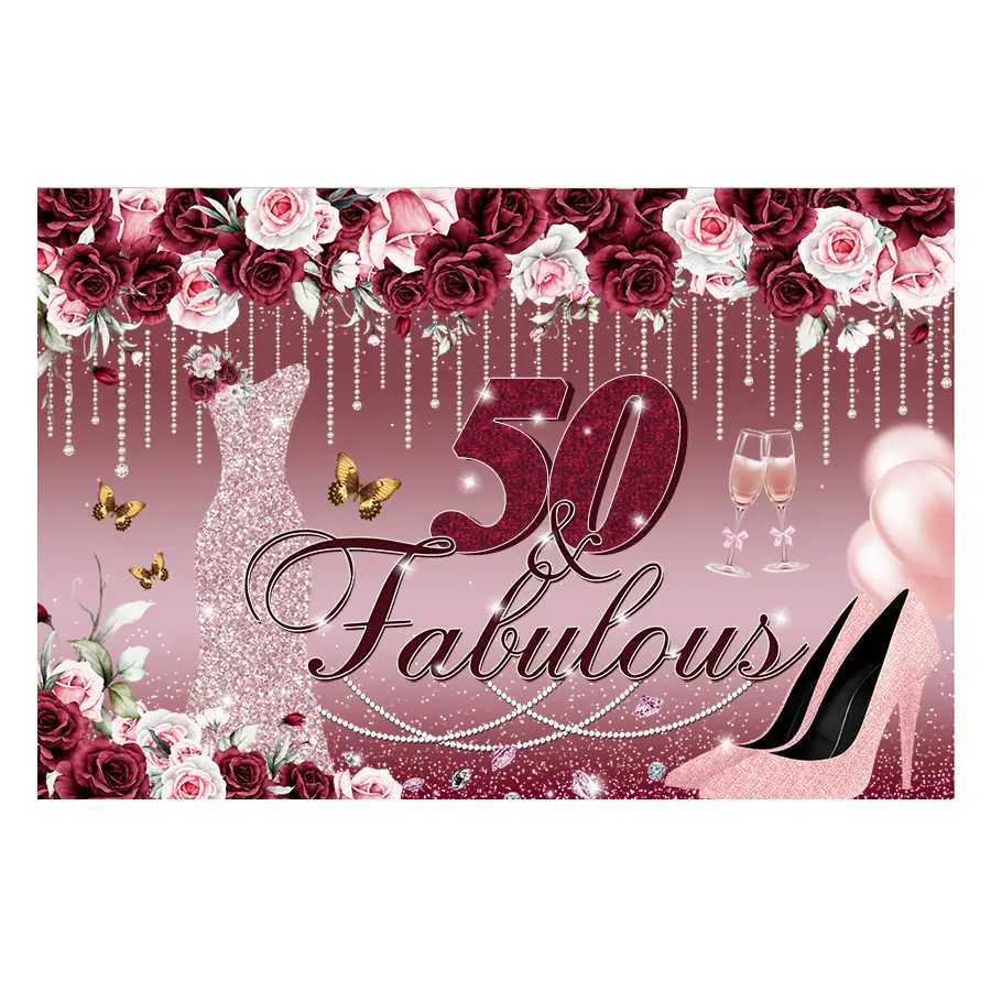 Argent et rose talon haut joyeux 50e anniversaire toile de fond bannière décorations de fête pour les femmes or Rose fabuleux
