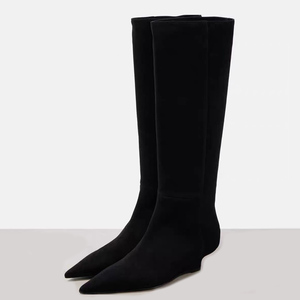 New Style Low Wedge Heels Pointed Toe Big Size 44 Shoes Suede Long <b>Boots</b> Women's on Flock Knee High Booties - Product Image 2