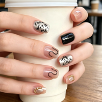 24 faux ongles à presser, design demi-couverture, rose et noir, motif 'COME ME', style perle, brillants, réutilisables, en PMMA, pour DIY, tendance