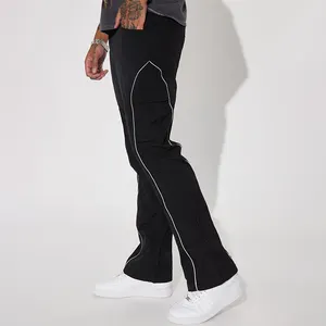 Custom Printing Logo 100%Nylon Cargo Pockets Reflective Silver Piping Stacked Slim Flare Fit Men'S Cargo Pants