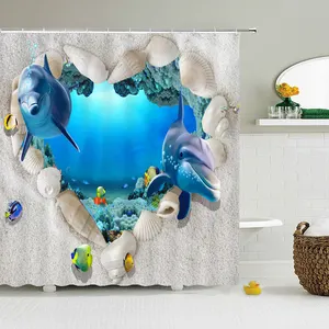 3d Print Ocean Sea Dolphin Bathroom Curtain Decoration Waterproof Washable Shower Curtains With Hooks