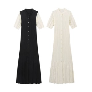 Vestido midi <span class=keywords><strong>de</strong></span> punto con cuello redondo, <span class=keywords><strong>manga</strong></span> <span class=keywords><strong>corta</strong></span>, ajuste ceñido, transpirable, con botones frontales, dobladillo plisado y cintura elástica para uso diario informal. - Product Image 6