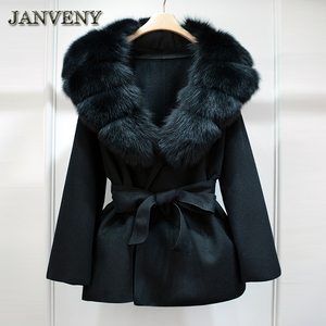 JANVENY 2024 Nouveau <span class=keywords><strong>Manteau</strong></span> d'Hiver pour <span class=keywords><strong>Femme</strong></span> en Vraie Fourrure de Renard Naturelle et Mélange de <span class=keywords><strong>Laine</strong></span>, Longueur Mi-longue Ceinturée Col Rabattu Ample en Cachemire - Product Image 6