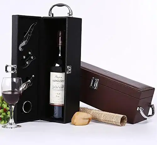 Caja de botella individual con juego de accesorios para vino, caja de vino de cuero portátil caja de almacenamiento de vino de regalo Paquete de botella con asa