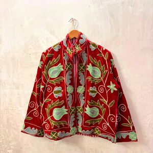 Premium Red <b>Velvet</b> Embroidered Suzani Jacket with Floral Pattern Full Sleeve Stand Collar Handmade Boho Soft Winter <b>Coat</b> - Product Image 1