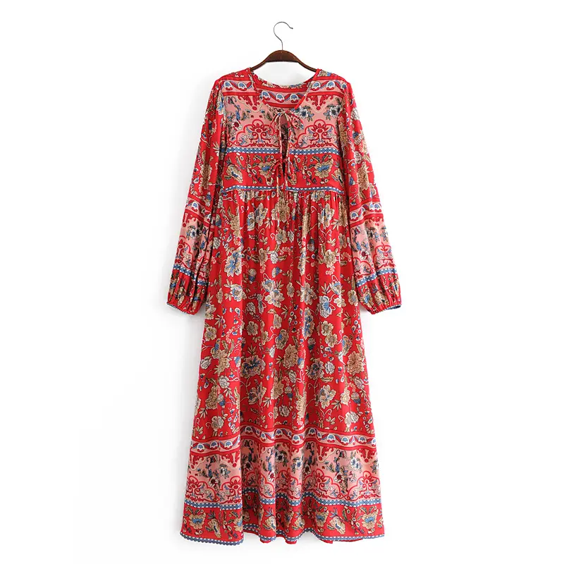Red color long sleeve rayon dress women floral print vintage casual bohemian dresses