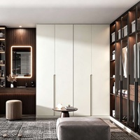Armoire murale en bois sur mesure de luxe, dressing ouvert avec vitrine en verre et éclairage LED pour chambre à coucher et dressing