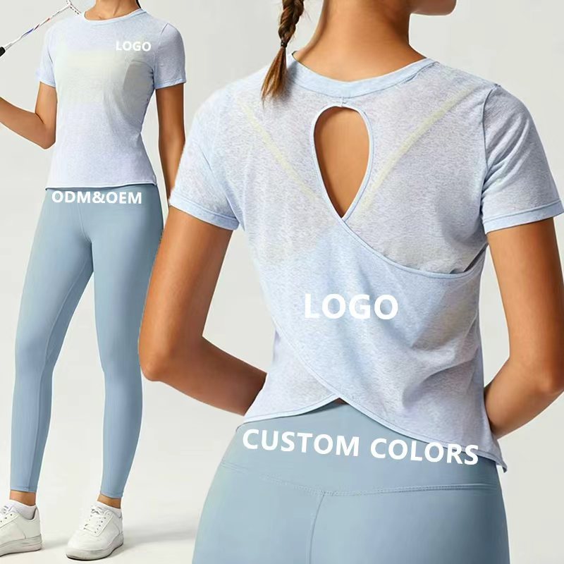 Polyester Solid Summer Breathable Yoga T-Shirt Hollowed-Out Beautiful-Back Sports Top Womens Yoga Outfit Round-Neck Fitness