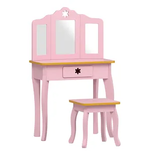 Wooden Children Small Panel Pink Vanity Furniture Kids Dressing Table With Mirror And Stool