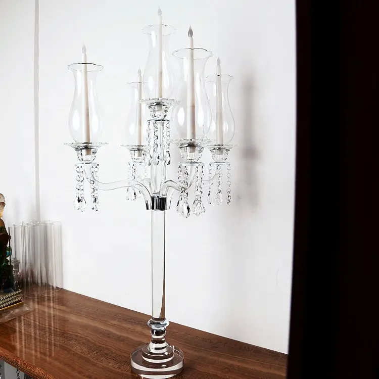 Pujiang 5 हथियार पारदर्शी लंबा ग्लास मोमबत्ती धारक दौर आधार क्रिस्टल candelabra शादी की मेज सजावट centerpieces