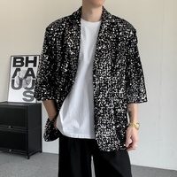 Blazer décontracté noir à sequins pour homme, manches 3/4, simple boutonnage, idéal pour scène, soirée ou performance