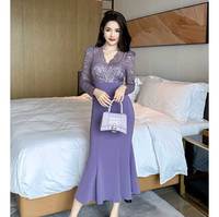 Robe longue élégante et sexy en dentelle violette brodée, enveloppe la taille, col en V, taille naturelle, unie, teinte unie