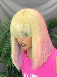 Perruque Bob complète en dentelle FH 13x3x4 avec frange, couleur 613/rose/violet, bonnet en dentelle suisse, cheveux indiens Remy, dentelle transparente - Product Image 4