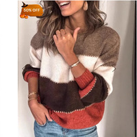 Pull midi décontracté EBAY pour l'hiver, polyvalent, à blocs de couleurs, rayé, à manches longues, col rond, coupe ample
