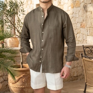 Factory Wholesale Men 100% Cotton Linen <b>Shirt</b> Lightweight Breathable <b>Band</b> <b>Collar</b> Long Sleeve Casual Pocket Linen <b>Shirts</b> TKAN8106 - Product Image 1